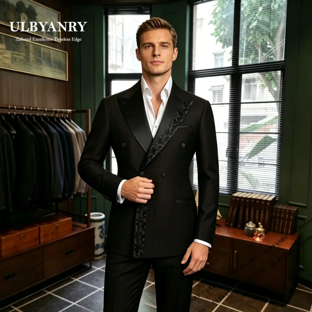 Elegant Embellished Suit Set for Men Trend Double Buttons Formal 2-Pieces Suit (Jacket Pants) XXS-7XL Customized Blazer Trousers