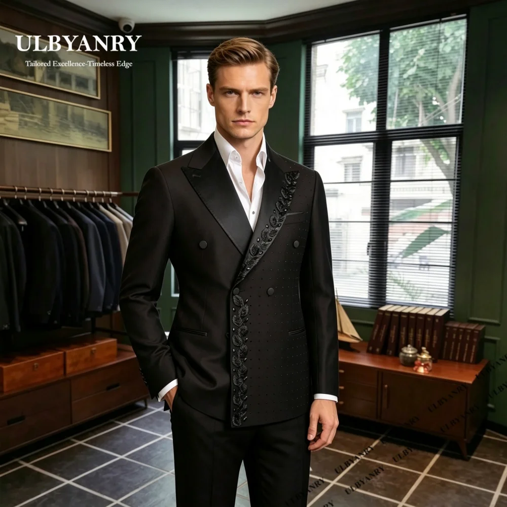 Elegant Embellished Suit Set for Men Trend Double Buttons Formal 2-Pieces Suit (Jacket Pants) XXS-7XL Customized Blazer Trousers