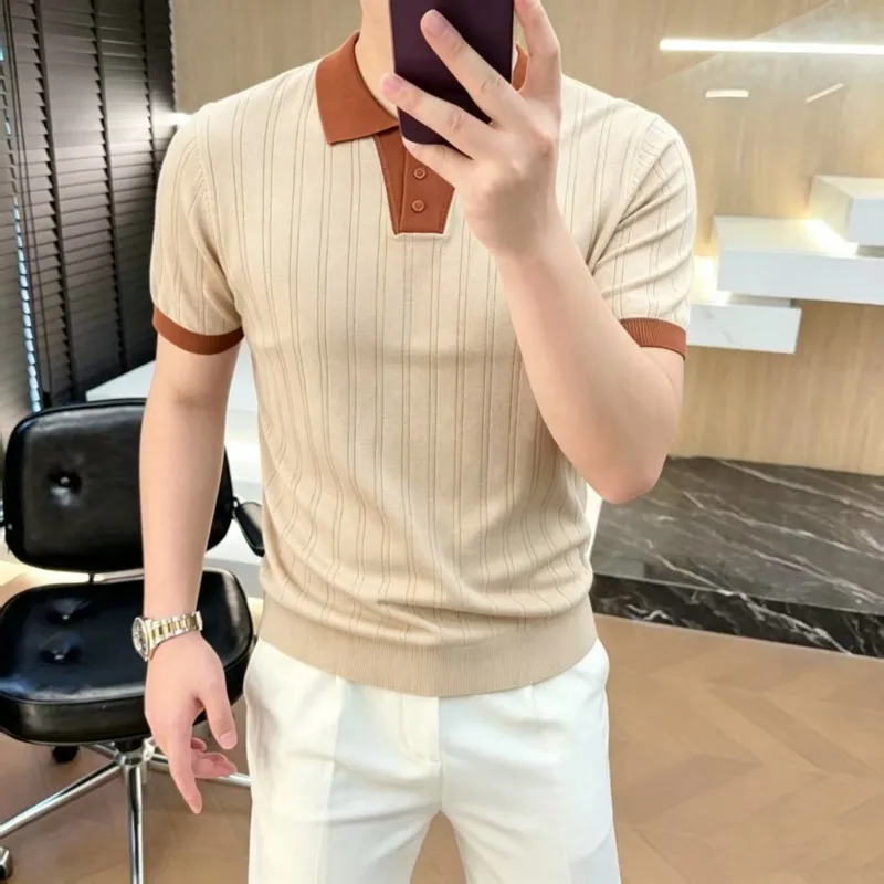 2026 Summer Luxury Knitted Polo Shirt Men's Short Sleeve Casual Social T-shirt Splicing Business Social Polo Shirts Men Clothing