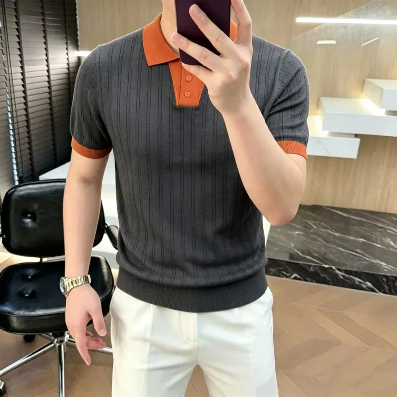 2026 Summer Luxury Knitted Polo Shirt Men's Short Sleeve Casual Social T-shirt Splicing Business Social Polo Shirts Men Clothing