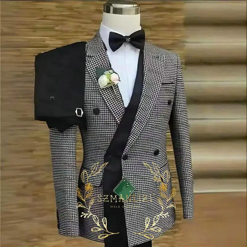 Luxuly Plaid Double Breasted Men Suit Custumized Slim Fit Peaked Lapel Groom Wedding Tuxedos Male Prom Blazers 2 Pieces Sets