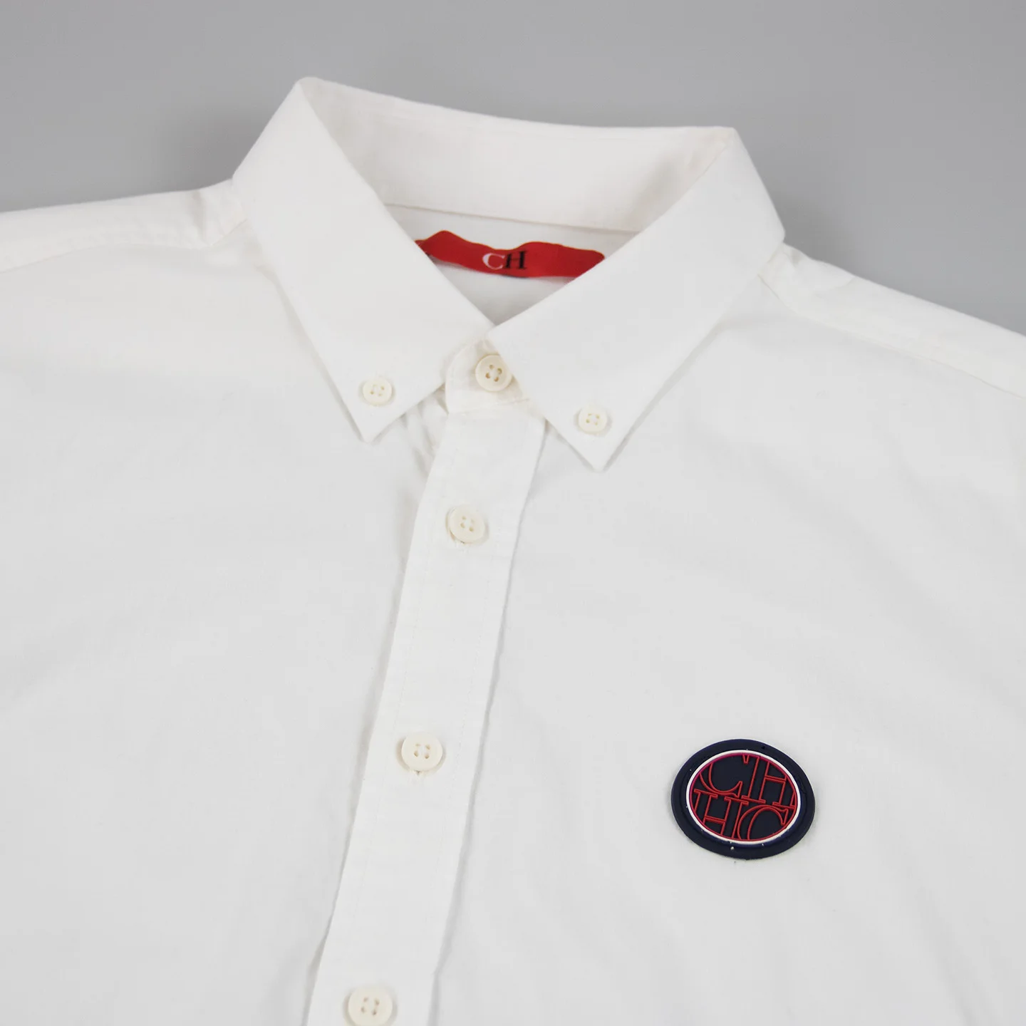 CH Men's White Oxford Short Sleeve Shirt Button Down Collar Circular Patch Logo Cotton Business Formal Casual Button Up Shirts