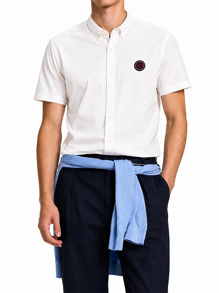 CH Men's White Oxford Short Sleeve Shirt Button Down Collar Circular Patch Logo Cotton Business Formal Casual Button Up Shirts