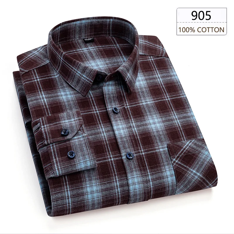 Man Clothing 100% Cotton Flannel Long Sleeve Plaid Winter Casual Shirt Anti-Wrinkle Soft Brushed Fabric Multi-Color Plus Size