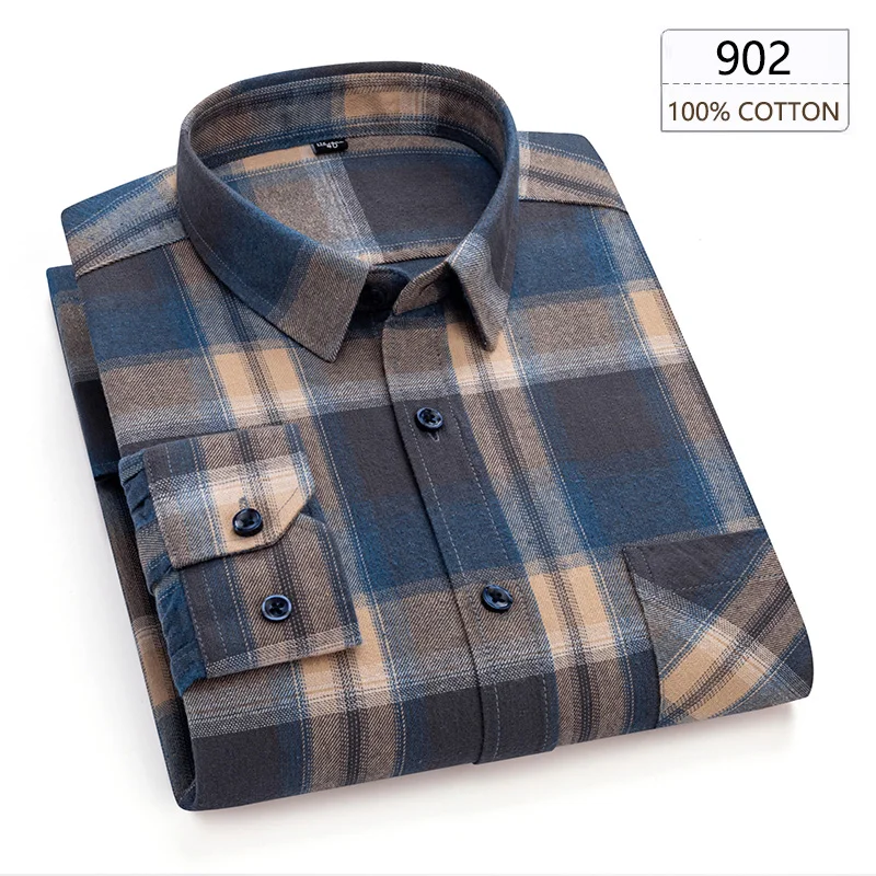 Man Clothing 100% Cotton Flannel Long Sleeve Plaid Winter Casual Shirt Anti-Wrinkle Soft Brushed Fabric Multi-Color Plus Size