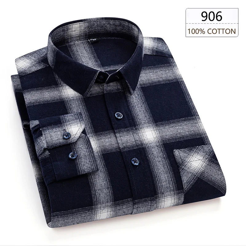 Man Clothing 100% Cotton Flannel Long Sleeve Plaid Winter Casual Shirt Anti-Wrinkle Soft Brushed Fabric Multi-Color Plus Size