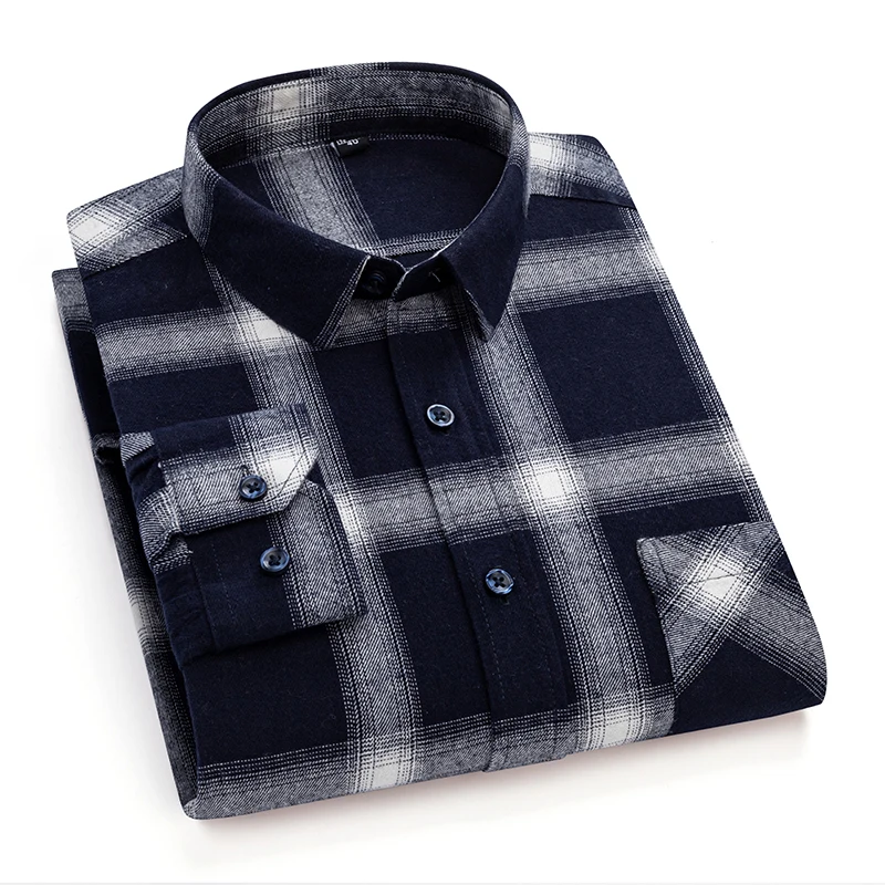 Man Clothing 100% Cotton Flannel Long Sleeve Plaid Winter Casual Shirt Anti-Wrinkle Soft Brushed Fabric Multi-Color Plus Size