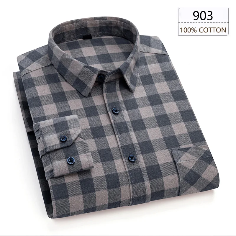 Man Clothing 100% Cotton Flannel Long Sleeve Plaid Winter Casual Shirt Anti-Wrinkle Soft Brushed Fabric Multi-Color Plus Size