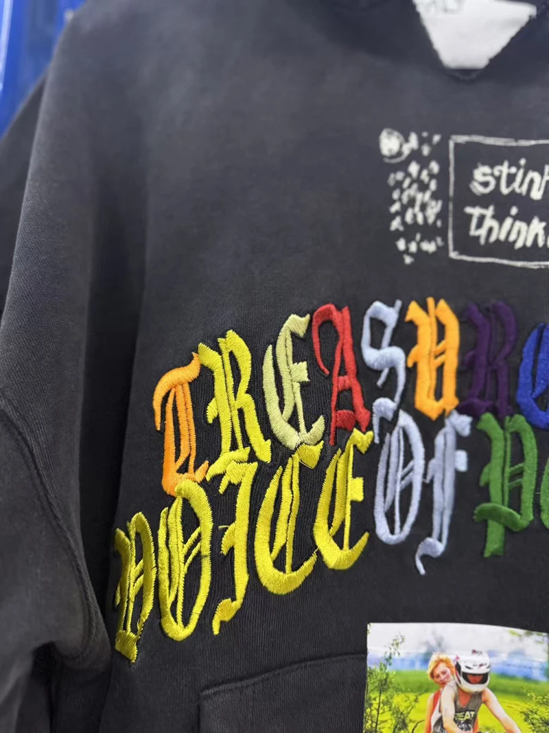 Tear Collar Chest Embroidery Colorful Label Paly Hoodie Men Women Dropped Shoulder Sweatshirts Washed Fade Loose Pullovers
