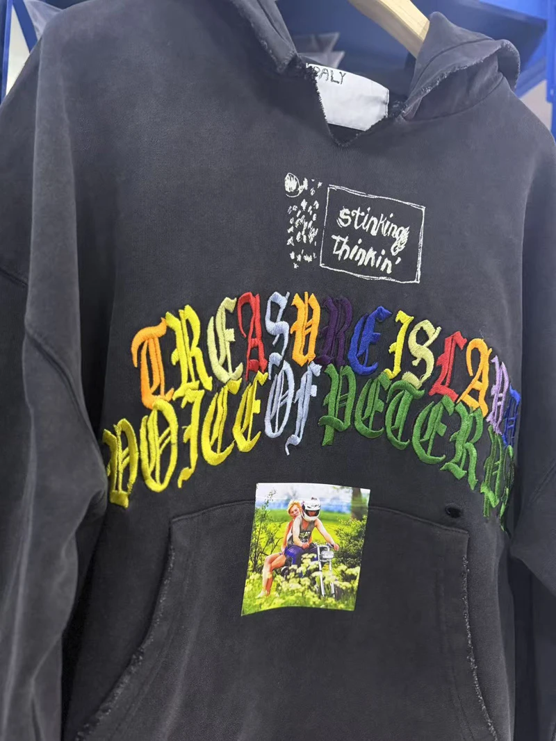 Tear Collar Chest Embroidery Colorful Label Paly Hoodie Men Women Dropped Shoulder Sweatshirts Washed Fade Loose Pullovers