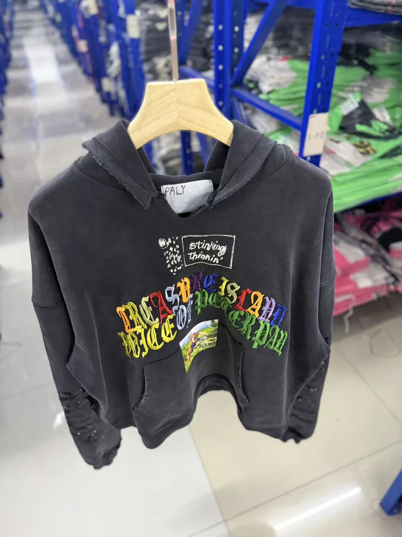 Tear Collar Chest Embroidery Colorful Label Paly Hoodie Men Women Dropped Shoulder Sweatshirts Washed Fade Loose Pullovers