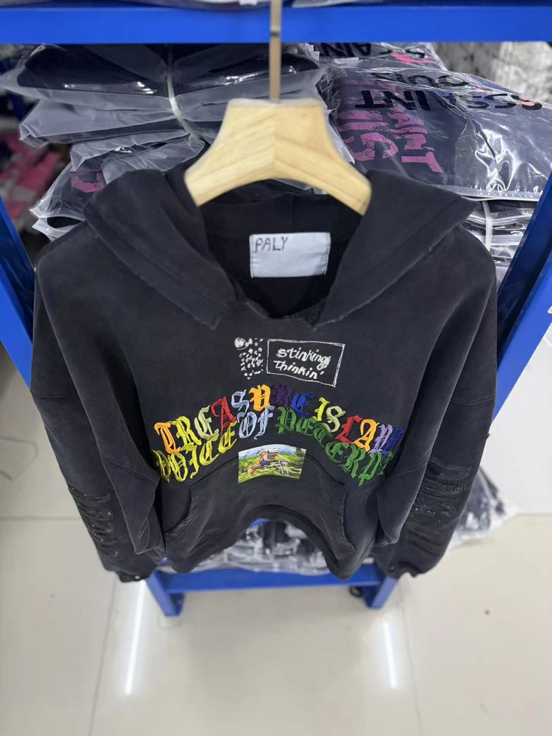 Tear Collar Chest Embroidery Colorful Label Paly Hoodie Men Women Dropped Shoulder Sweatshirts Washed Fade Loose Pullovers