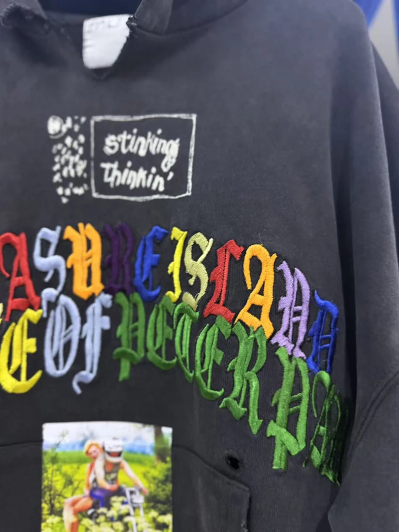 Tear Collar Chest Embroidery Colorful Label Paly Hoodie Men Women Dropped Shoulder Sweatshirts Washed Fade Loose Pullovers