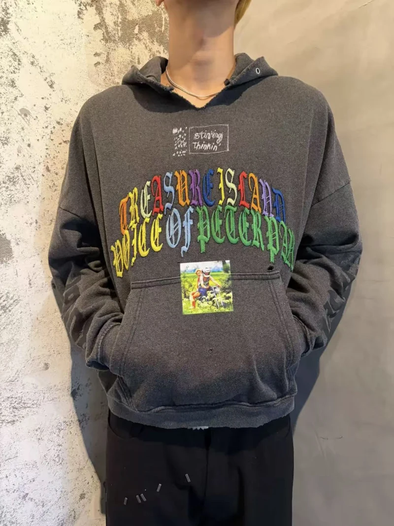 Tear Collar Chest Embroidery Colorful Label Paly Hoodie Men Women Dropped Shoulder Sweatshirts Washed Fade Loose Pullovers