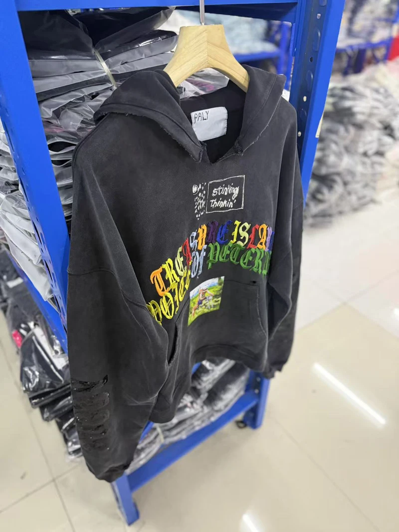 Tear Collar Chest Embroidery Colorful Label Paly Hoodie Men Women Dropped Shoulder Sweatshirts Washed Fade Loose Pullovers