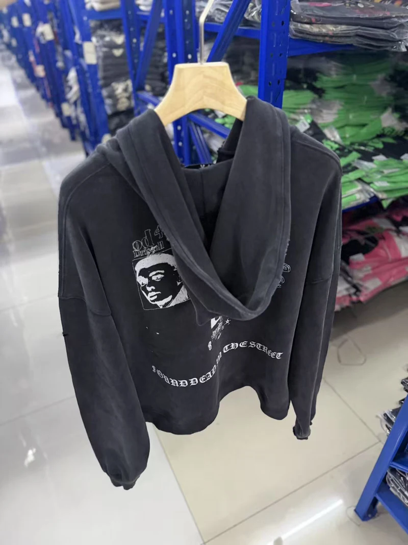Tear Collar Chest Embroidery Colorful Label Paly Hoodie Men Women Dropped Shoulder Sweatshirts Washed Fade Loose Pullovers