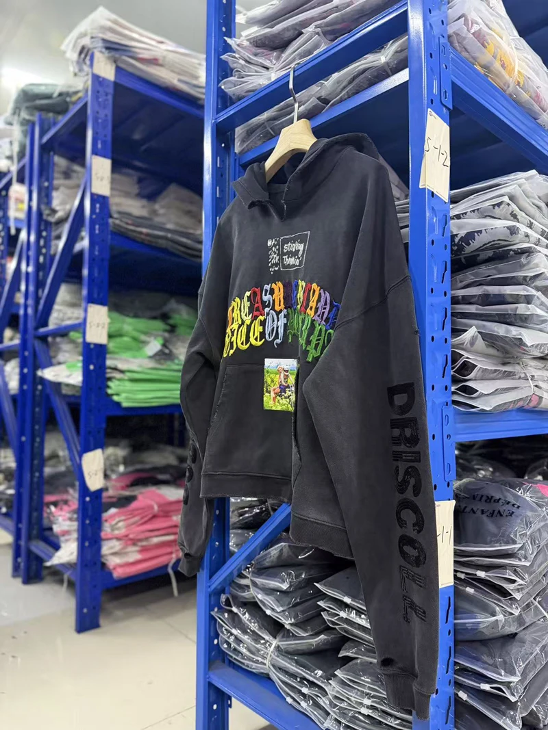 Tear Collar Chest Embroidery Colorful Label Paly Hoodie Men Women Dropped Shoulder Sweatshirts Washed Fade Loose Pullovers