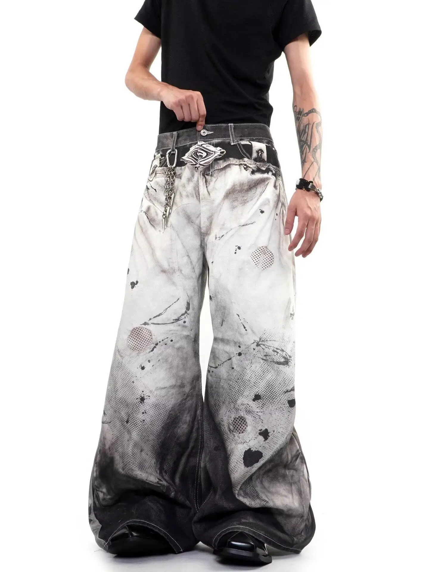 Men's Fashionable Printed Patterns Casual Pants Street Boys Bottom Wide Legs Sweatpants Male High Waist Unisex Baggy Trousers