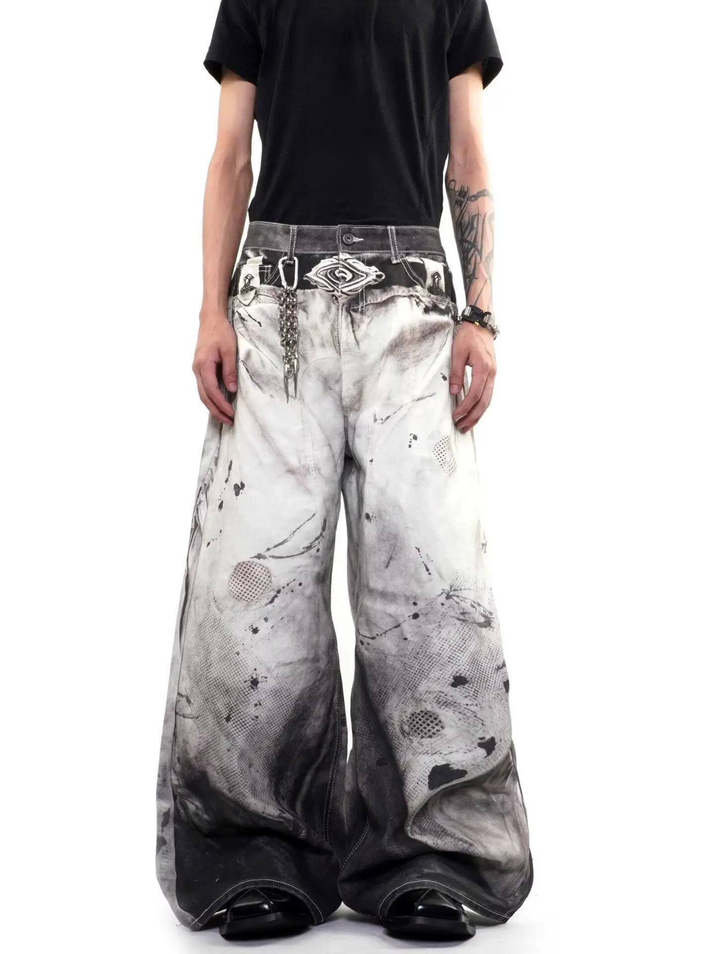 Men's Fashionable Printed Patterns Casual Pants Street Boys Bottom Wide Legs Sweatpants Male High Waist Unisex Baggy Trousers