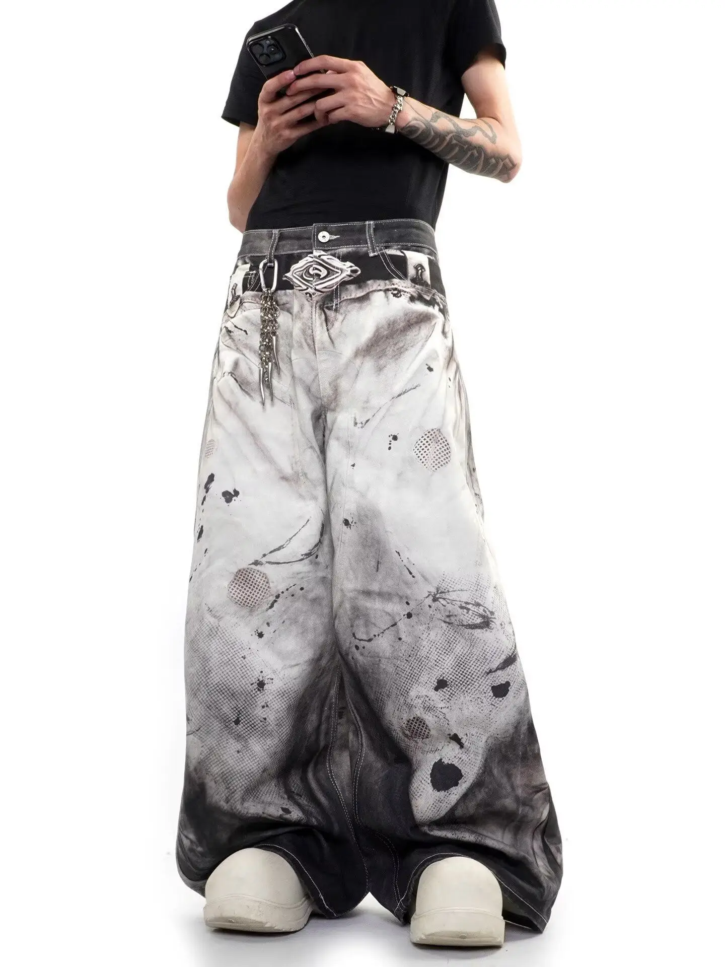 Men's Fashionable Printed Patterns Casual Pants Street Boys Bottom Wide Legs Sweatpants Male High Waist Unisex Baggy Trousers