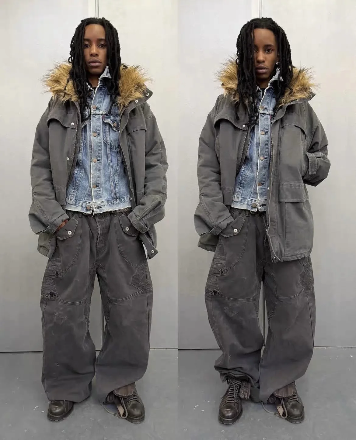 F8 Heavy‑Duty Patchwork Straight‑Leg Baggy Cargo Pants Reworked Workpants