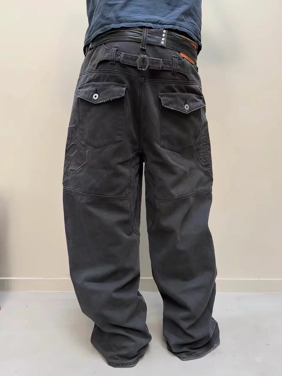 F8 Heavy‑Duty Patchwork Straight‑Leg Baggy Cargo Pants Reworked Workpants