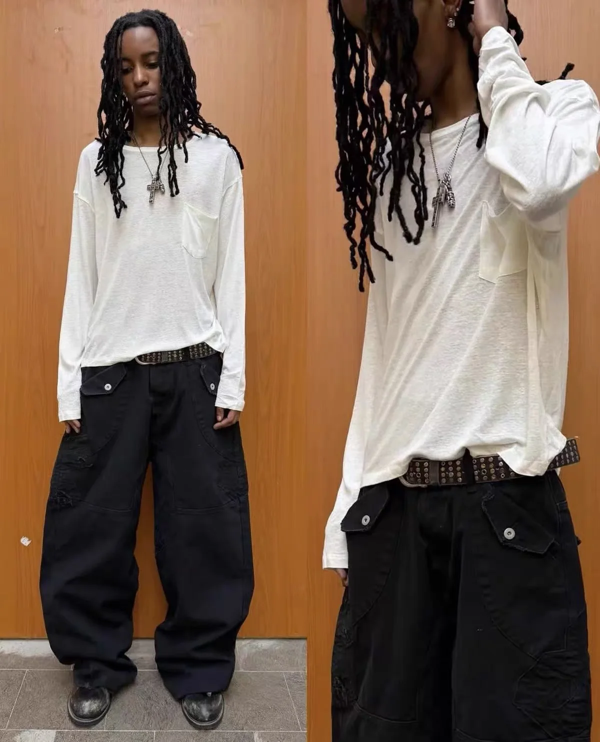 F8 Heavy‑Duty Patchwork Straight‑Leg Baggy Cargo Pants Reworked Workpants