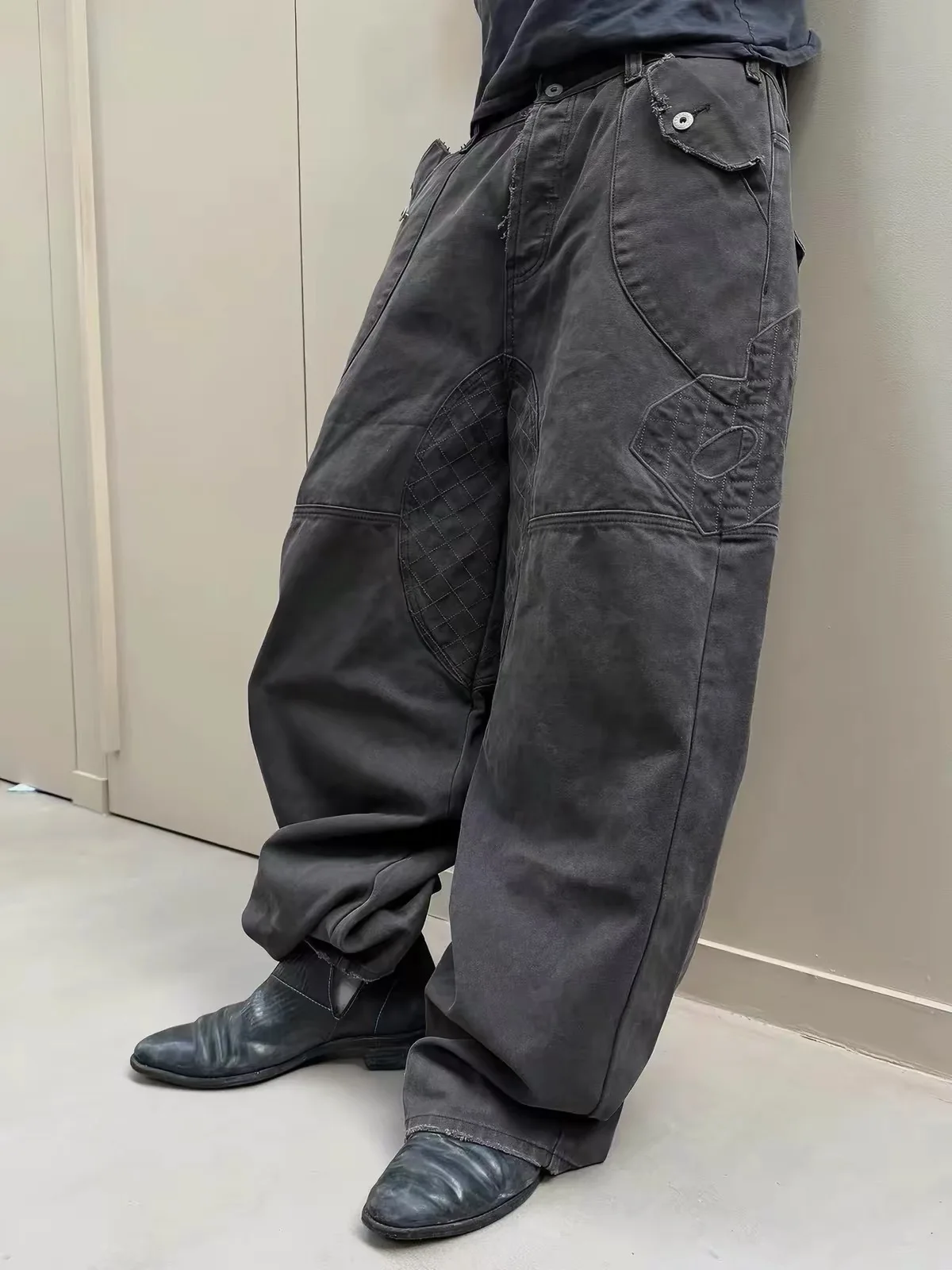F8 Heavy‑Duty Patchwork Straight‑Leg Baggy Cargo Pants Reworked Workpants