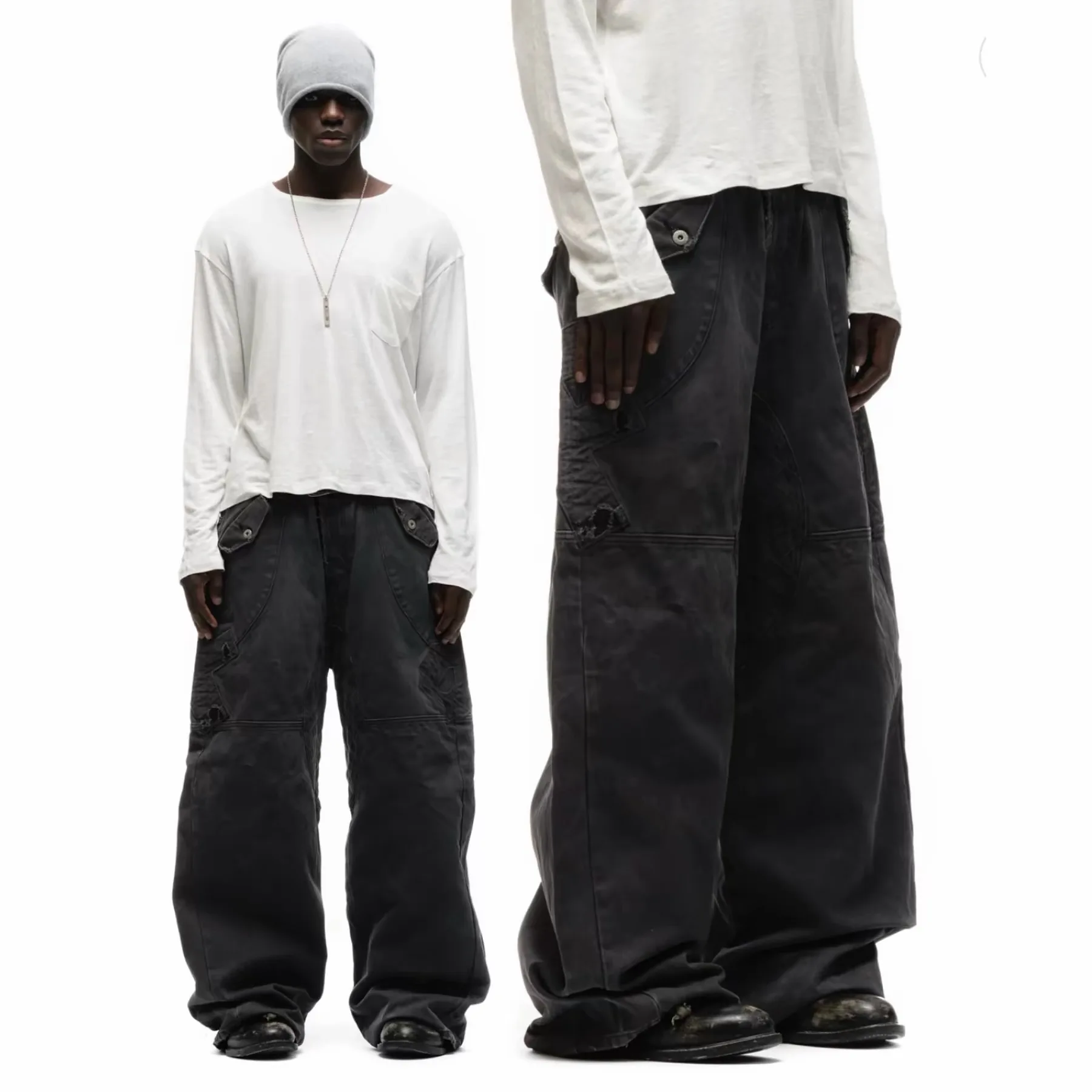 F8 Heavy‑Duty Patchwork Straight‑Leg Baggy Cargo Pants Reworked Workpants