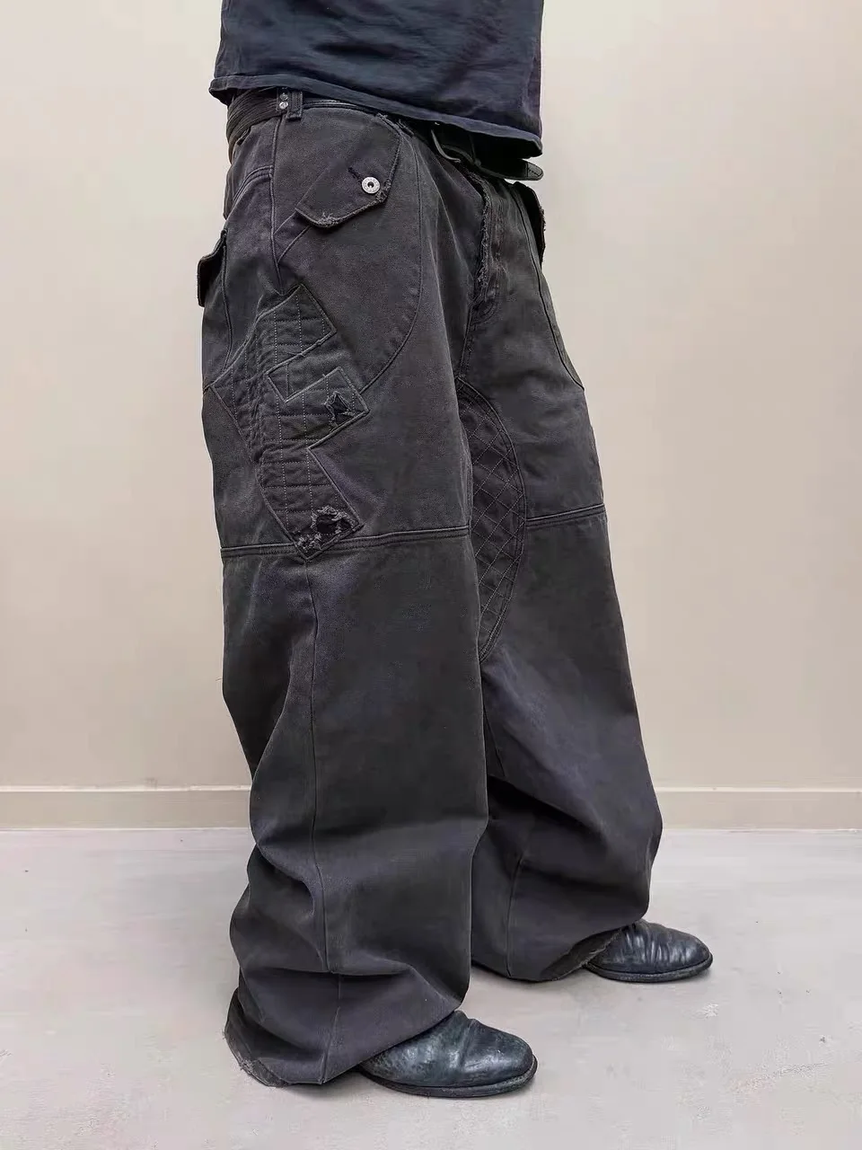 F8 Heavy‑Duty Patchwork Straight‑Leg Baggy Cargo Pants Reworked Workpants