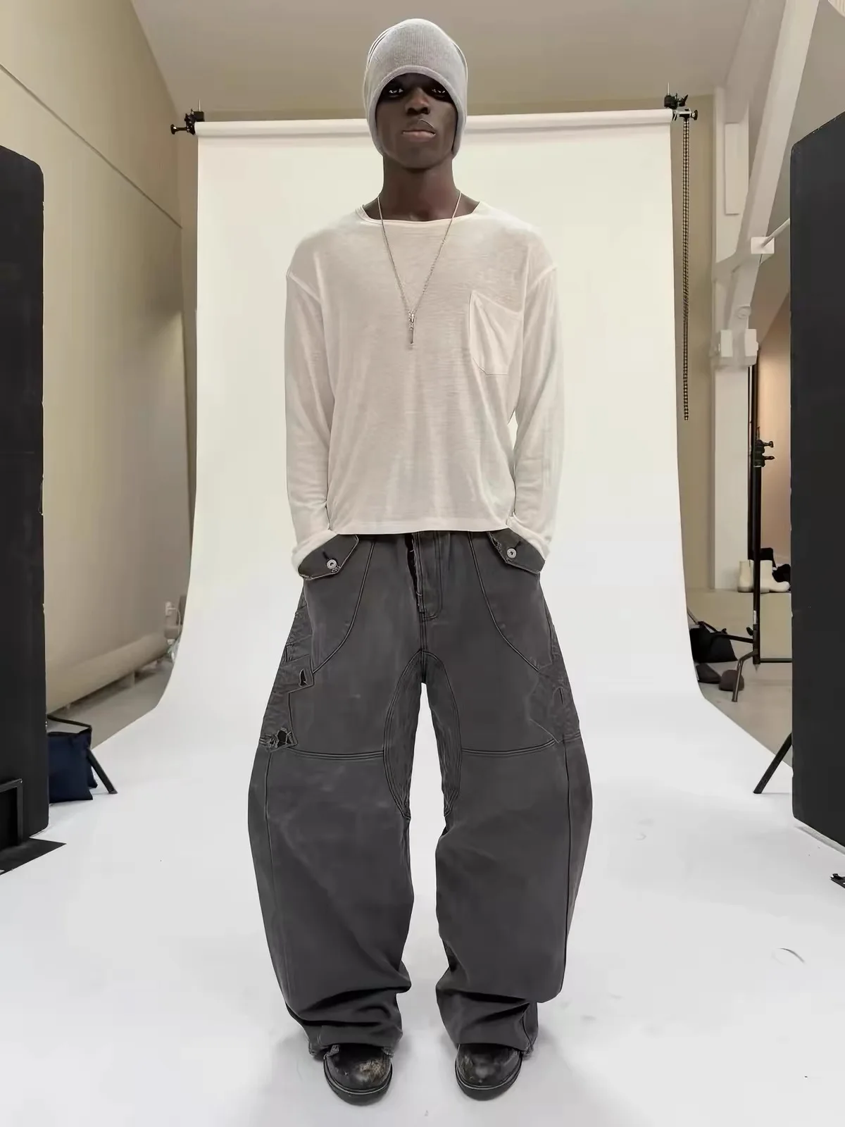 F8 Heavy‑Duty Patchwork Straight‑Leg Baggy Cargo Pants Reworked Workpants
