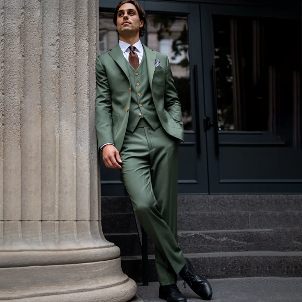 Classic Men Sage Green 3 Piece Suit Single Breasted Slim Fit Jacket Vest Pants Set Elegant Groom Wedding Formal Outfit