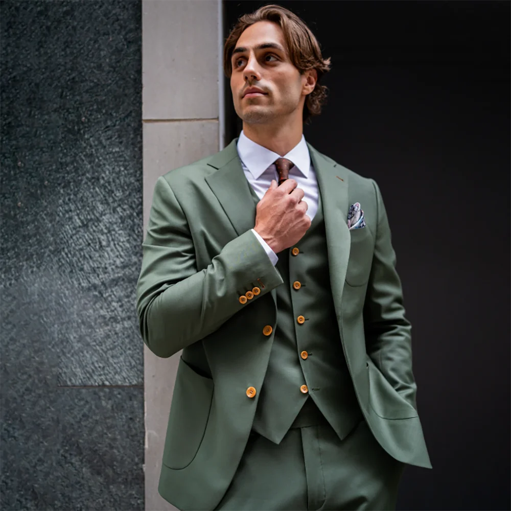 Classic Men Sage Green 3 Piece Suit Single Breasted Slim Fit Jacket Vest Pants Set Elegant Groom Wedding Formal Outfit