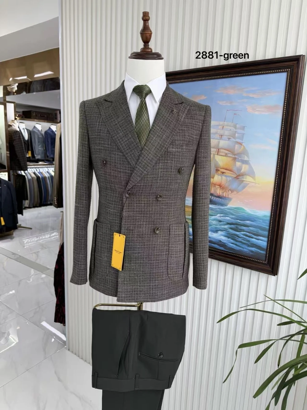 Plaid Double Breasted Suit For Men Slim Fit 2 Piece Business Casual Blazer Pants Set Vintage British Style Formal Wedding Tuxedo