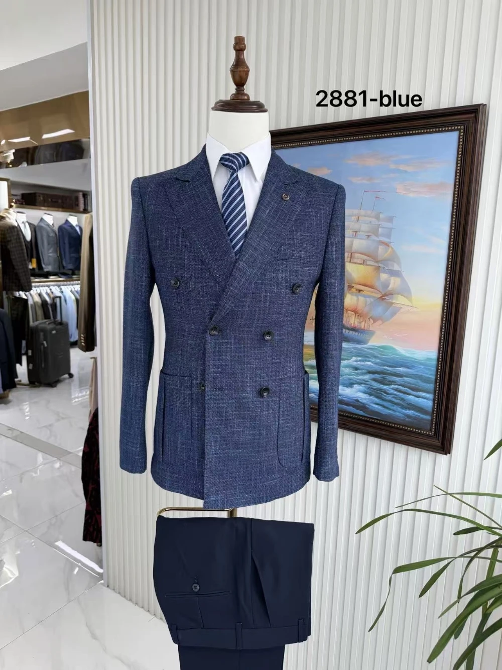Plaid Double Breasted Suit For Men Slim Fit 2 Piece Business Casual Blazer Pants Set Vintage British Style Formal Wedding Tuxedo