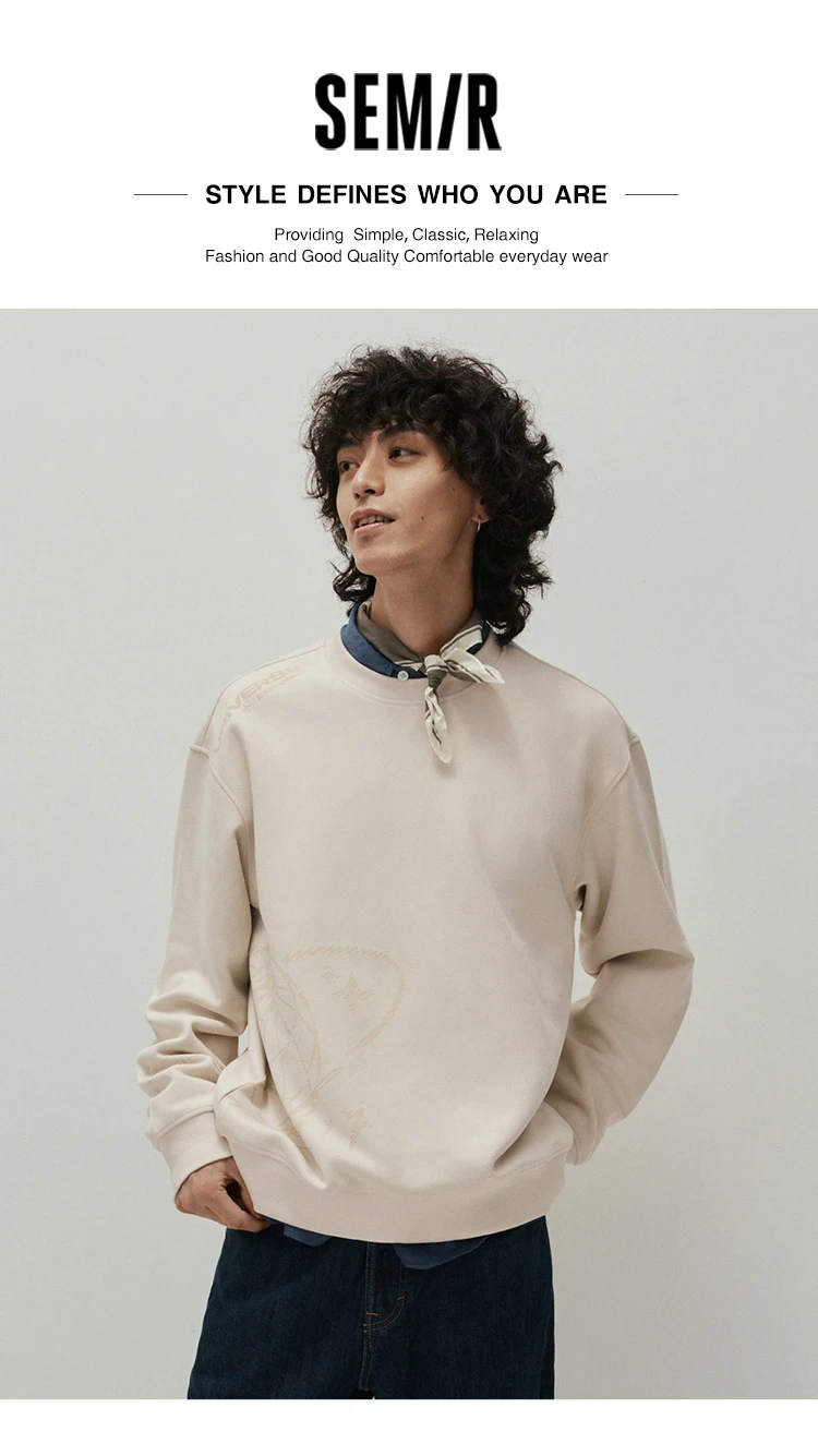 Semir Men Sweatshirt Suede Feel Print Crew Neck Knit Pullover Slight Loose Casual Style Autumn Top Daily Wear 2026