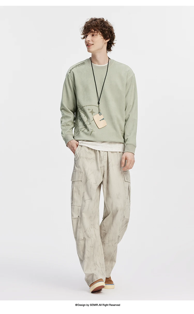 Semir Men Sweatshirt Suede Feel Print Crew Neck Knit Pullover Slight Loose Casual Style Autumn Top Daily Wear 2026
