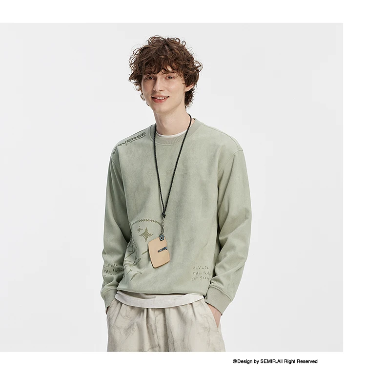 Semir Men Sweatshirt Suede Feel Print Crew Neck Knit Pullover Slight Loose Casual Style Autumn Top Daily Wear 2026