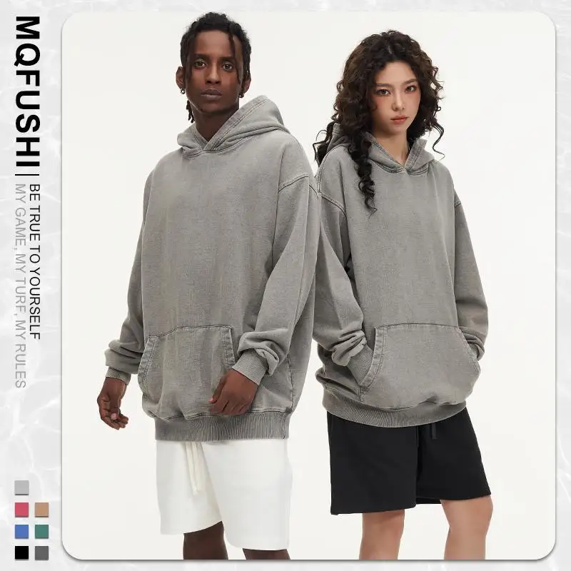 Custom LOGO Image 450GSM 100% Cotton Retro Heavyweight Sweatshirt for Men and Women Washed Vintage Oversize Loose