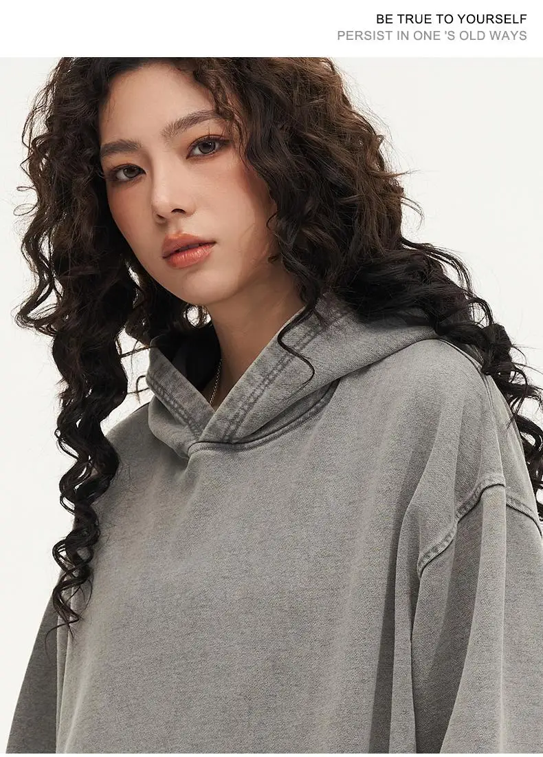 Custom LOGO Image 450GSM 100% Cotton Retro Heavyweight Sweatshirt for Men and Women Washed Vintage Oversize Loose