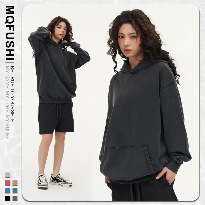 Custom LOGO Image 450GSM 100% Cotton Retro Heavyweight Sweatshirt for Men and Women Washed Vintage Oversize Loose