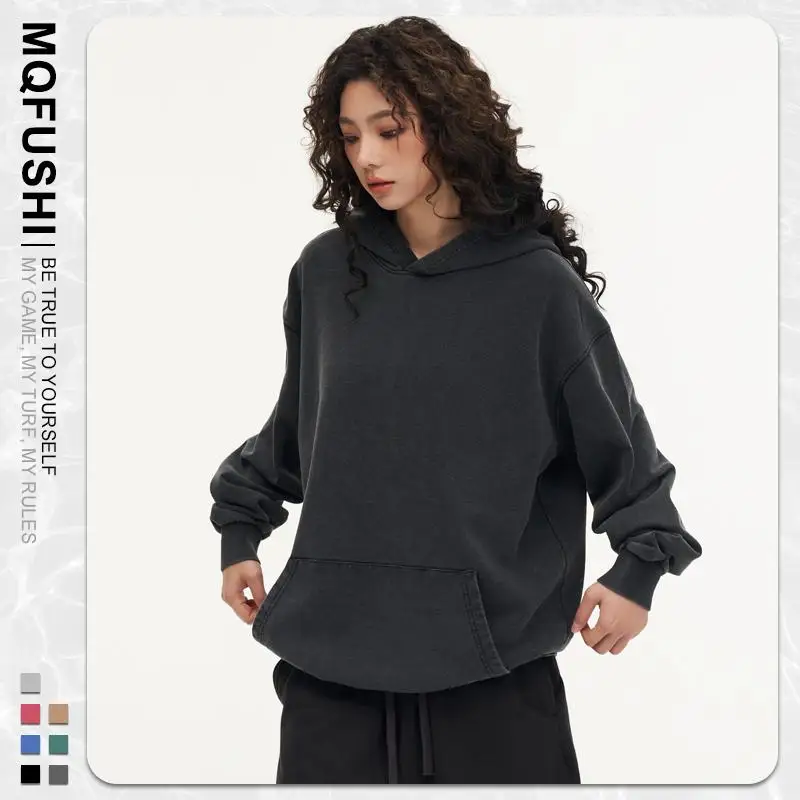 Custom LOGO Image 450GSM 100% Cotton Retro Heavyweight Sweatshirt for Men and Women Washed Vintage Oversize Loose