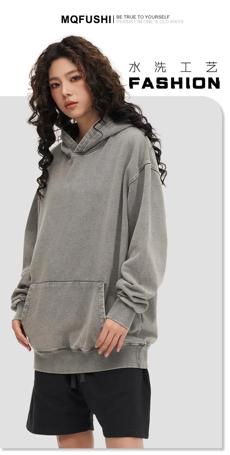 Custom LOGO Image 450GSM 100% Cotton Retro Heavyweight Sweatshirt for Men and Women Washed Vintage Oversize Loose