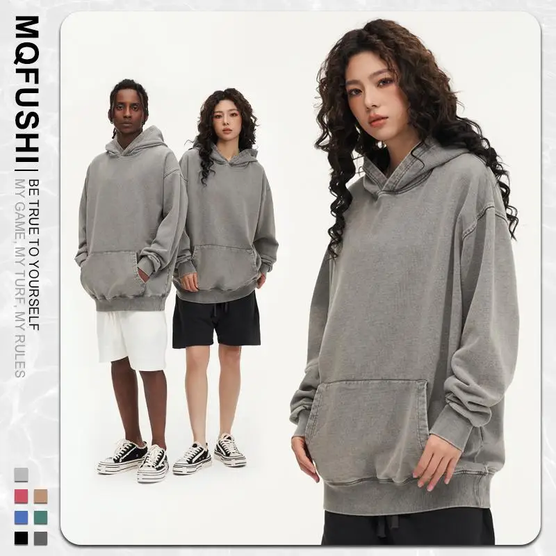 Custom LOGO Image 450GSM 100% Cotton Retro Heavyweight Sweatshirt for Men and Women Washed Vintage Oversize Loose