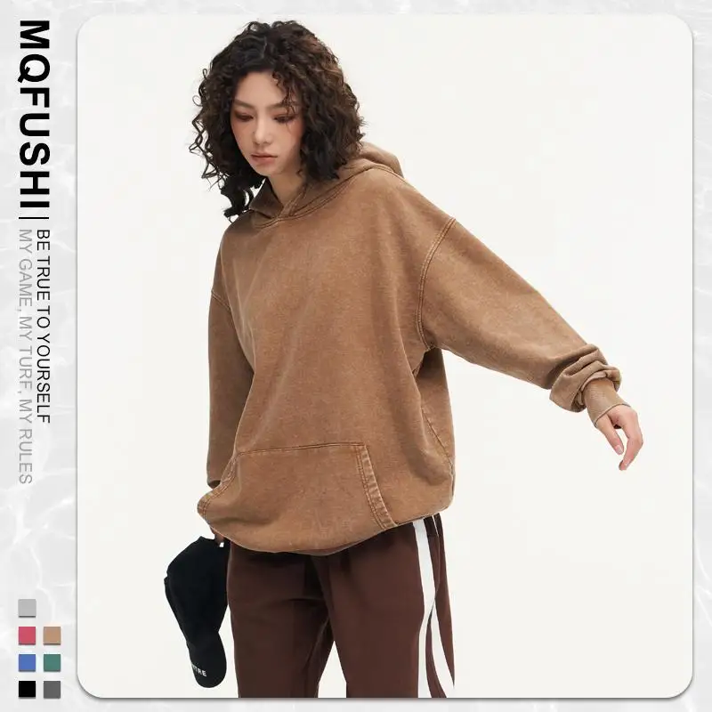 Custom LOGO Image 450GSM 100% Cotton Retro Heavyweight Sweatshirt for Men and Women Washed Vintage Oversize Loose