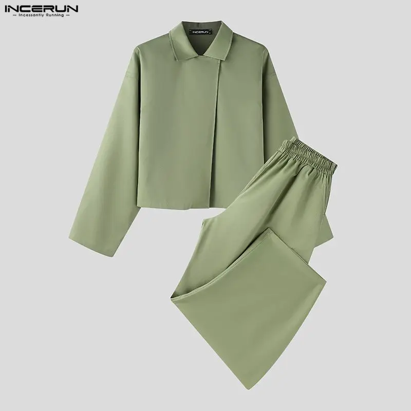 INCERUN Men Sets Solid Color Lapel Long Sleeve Shirt & Pants Two Pieces Sets Streetwear Loose 2026 Fashion Men's Casual Suits