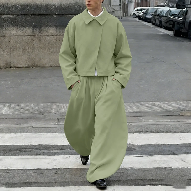 INCERUN Men Sets Solid Color Lapel Long Sleeve Shirt & Pants Two Pieces Sets Streetwear Loose 2026 Fashion Men's Casual Suits