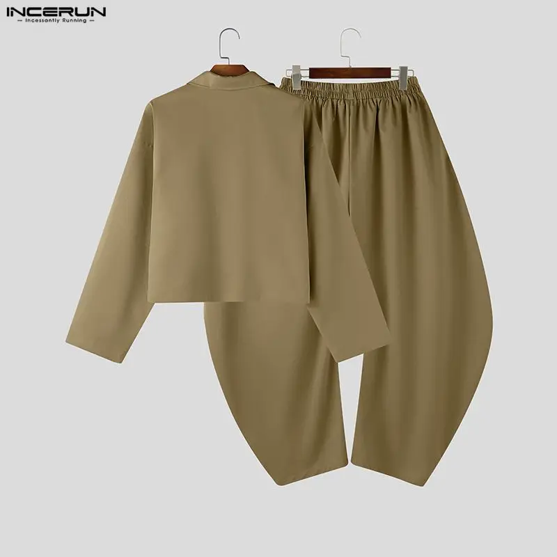 INCERUN Men Sets Solid Color Lapel Long Sleeve Shirt & Pants Two Pieces Sets Streetwear Loose 2026 Fashion Men's Casual Suits