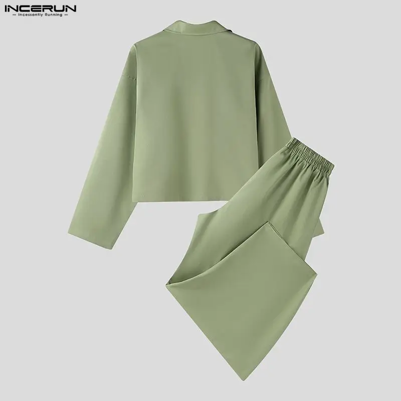 INCERUN Men Sets Solid Color Lapel Long Sleeve Shirt & Pants Two Pieces Sets Streetwear Loose 2026 Fashion Men's Casual Suits