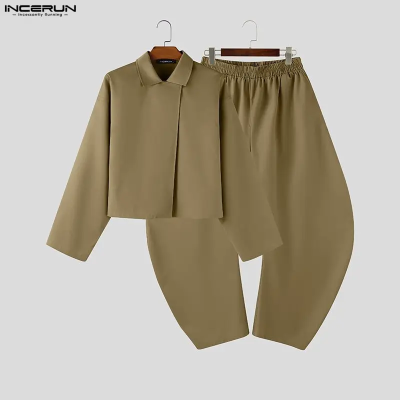INCERUN Men Sets Solid Color Lapel Long Sleeve Shirt & Pants Two Pieces Sets Streetwear Loose 2026 Fashion Men's Casual Suits